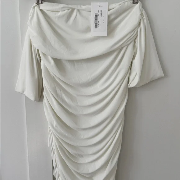 NWT Club L White Maternity Bardot Ruched Draped Midi Dress Size 8 - Picture 5 of 14